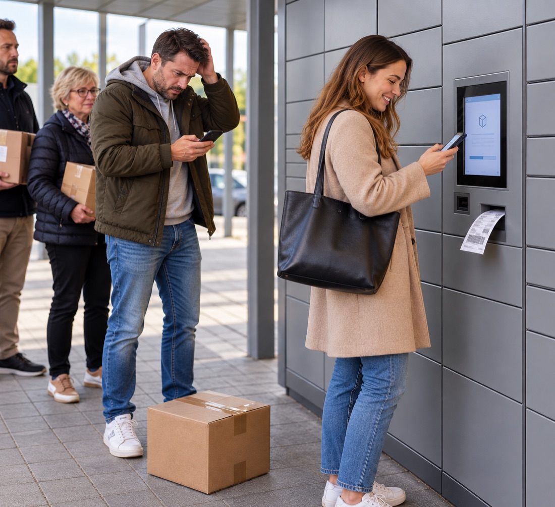 Zwei Menschen an der Paketstation: eine hat ihren Code gefunden, einer sucht noch (mit KI erstellt)