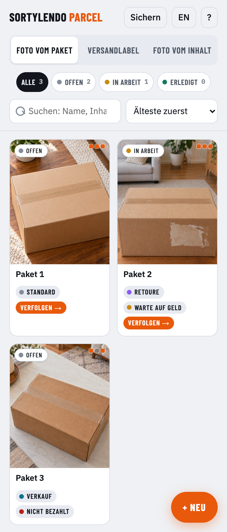 Kartenübersicht mit Fotos der Pakete