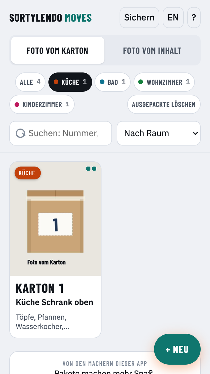 Kartonübersicht mit Filterchips je Raum