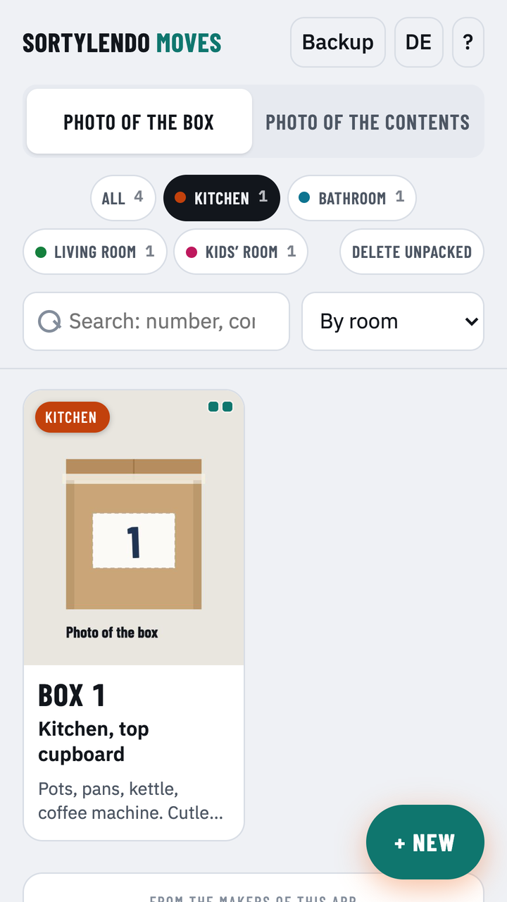 Box overview with one filter chip per room