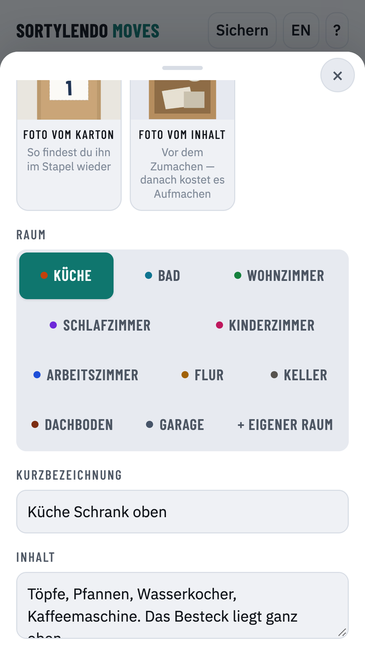 Blatt eines Kartons mit Auswahl des Raums