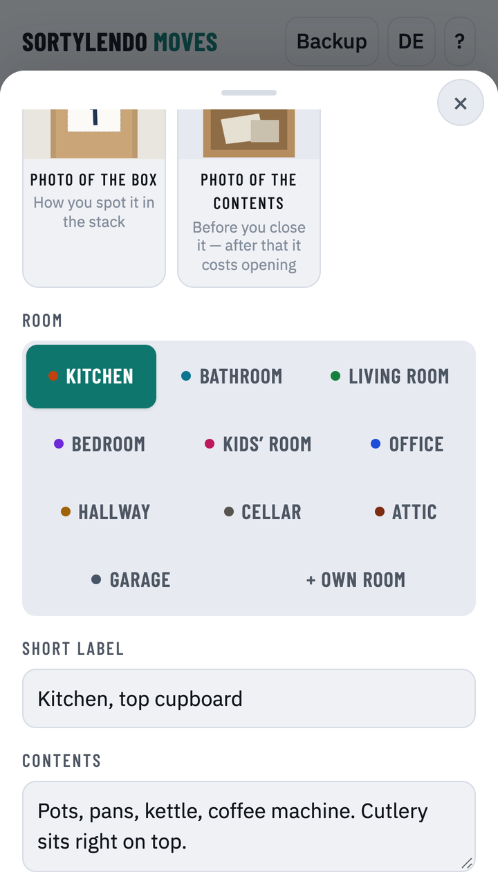Box sheet with the room selector