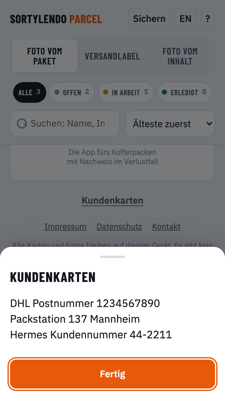 Blatt „Kundenkarten“ mit Postnummer, Packstation und Kundennummer