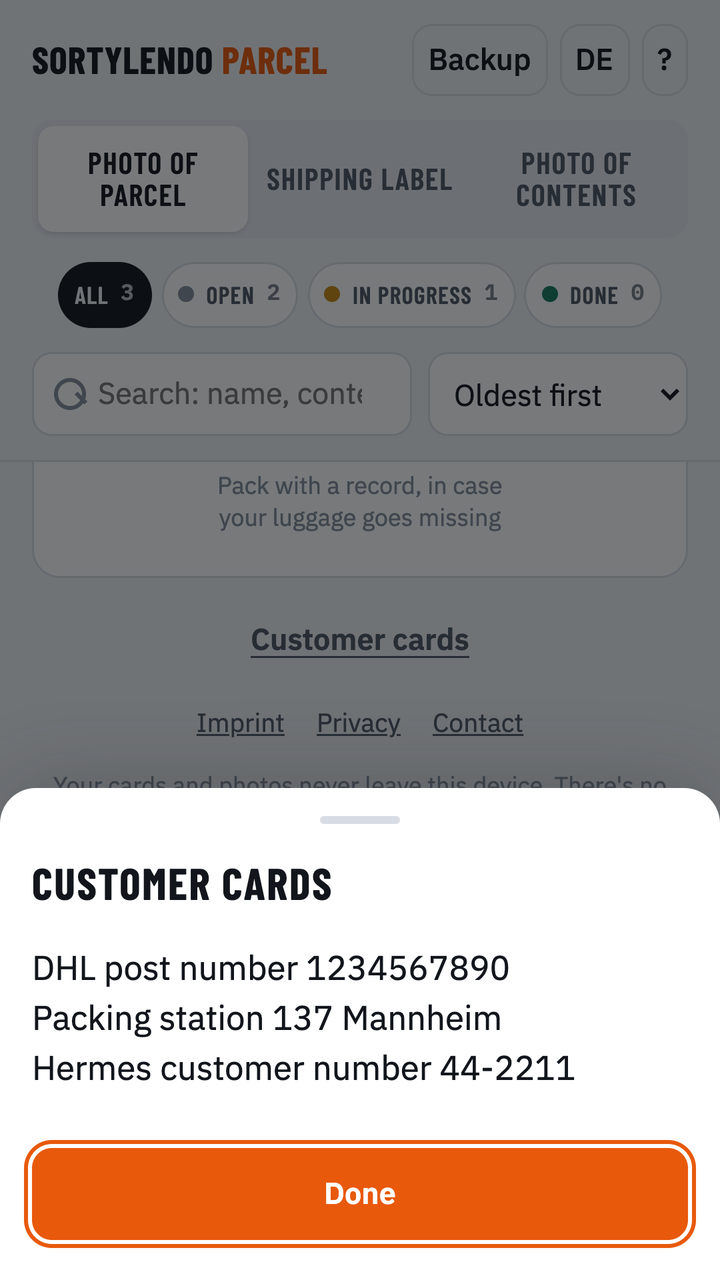 The Customer cards sheet with post number, locker and customer number