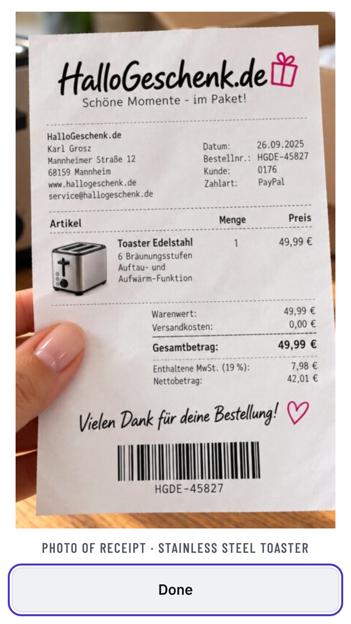 Receipt shown full screen on white