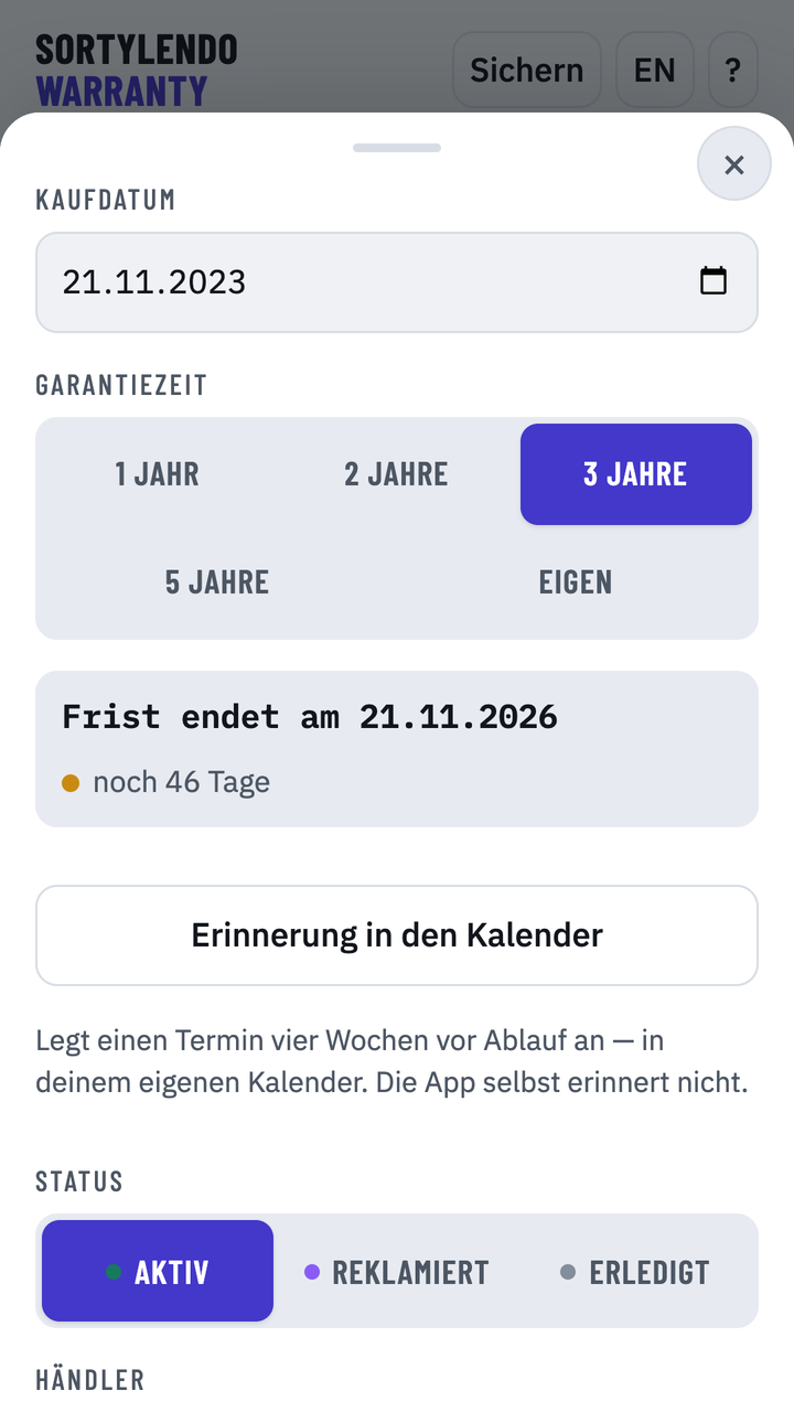 Karte mit errechnetem Ablaufdatum und Restzeit