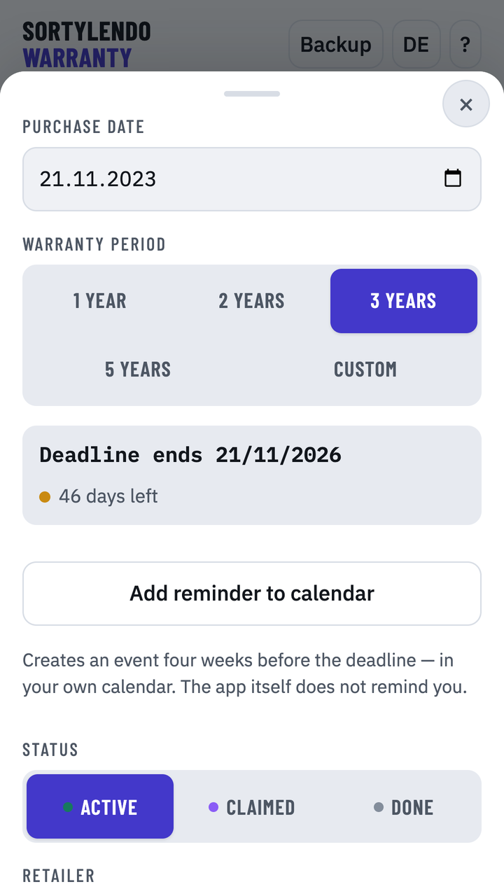 Card with the calculated expiry date and time left