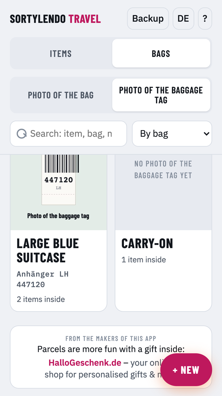 Baggage tag with barcode and number on the bag card