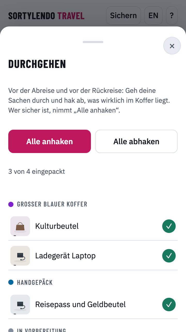 Checkliste „Durchgehen“ mit abgehakten Sachen je Gepäckstück