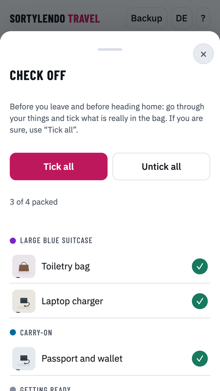 Check-off list with items ticked per bag