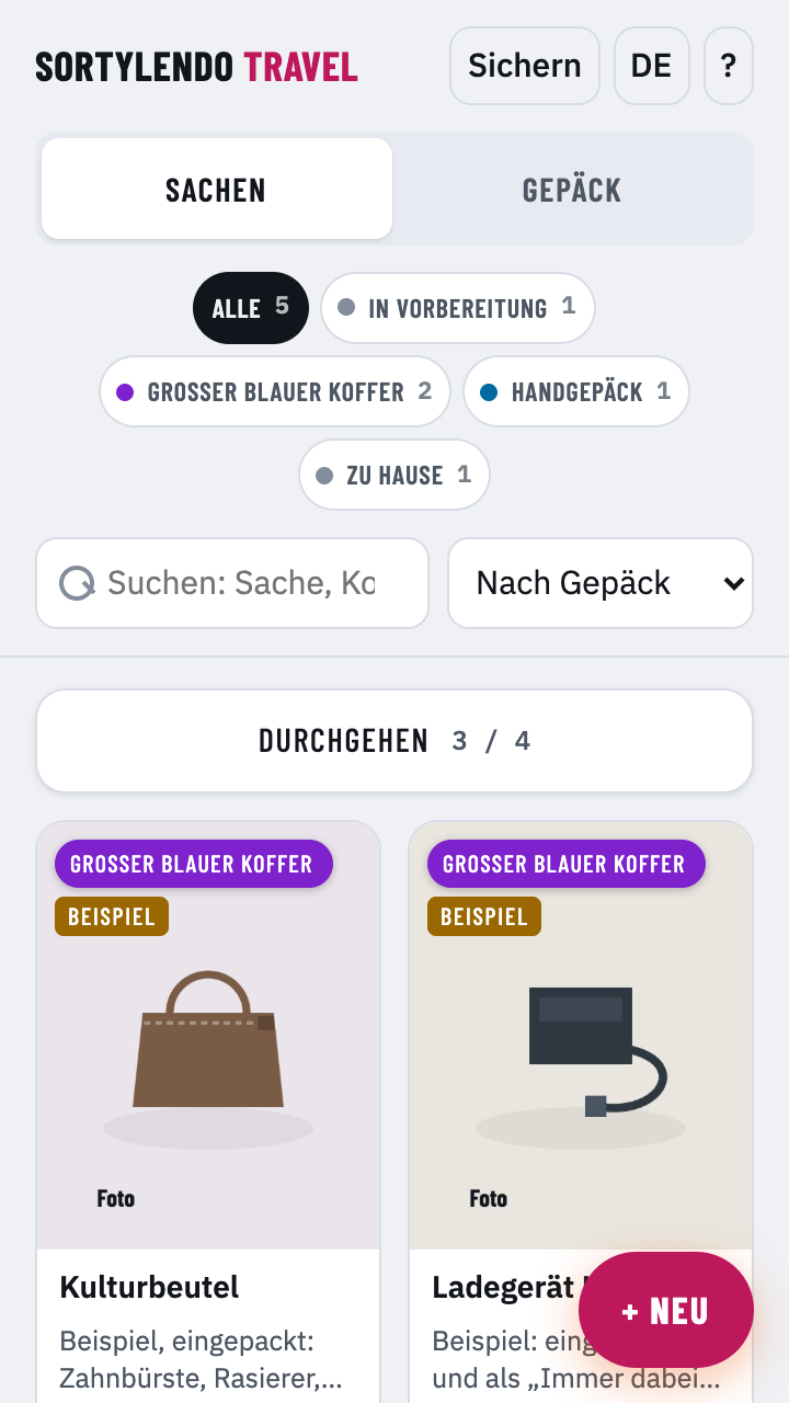 Sachen-Ansicht mit Filterchips je Gepäckstück und Fotos der eingepackten Dinge