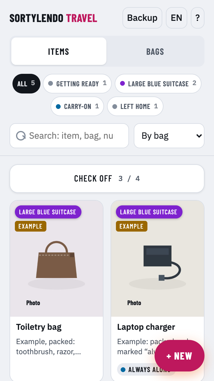 Items view with filter chips per bag and photos of the packed things