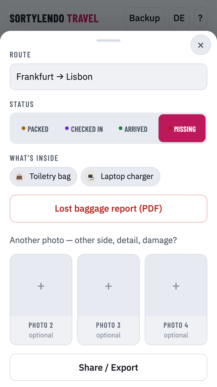 Bag set to Missing with the loss report button below